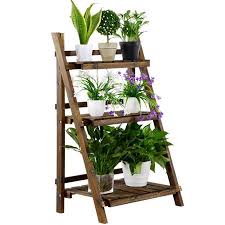 Yaheetech 3 Tier Folding Wooden Flower Pot Stand Flower Plant Display Stand Shelf Ladder Stand Wooden Plant Stands Plant Shelves Wood Plant Stand