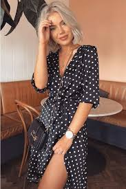 Binky Black Satin Polka Dot Wrap Front Midi Dress Dot Dress Outfit Polka Dot Dress Outfit Summer Dress Outfits