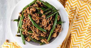 Spicy Ground Turkey And Green Bean Stir Fry Slender Kitchen Recipe Green Bean Recipes Turkey And Green Beans Green Beans