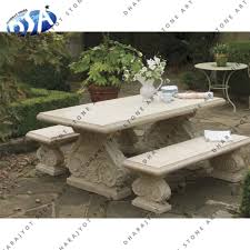 Farmhouse barnwood table with benches rustic dining tables st louis spice up your cottage house with this vintage table with rustic accents. Hand Carved Cream Sandstone Garden Table And Bench Buy Garden Furniture Bench Hand Carved Dining Table Decorative Outdoor Benches Product On Alibaba Com