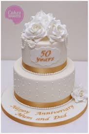 Simple And Elegant 50th Wedding Anniversary Cake With Piped Dots Sugar Pearl B 50th Wedding Anniversary Cakes Wedding Anniversary Cakes 50th Anniversary Cakes