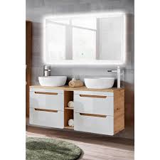 Lomadox Badmobel Set Luton 56 Spar Set 7 Tlg Doppel Waschtisch Mit Keramikbecken Led Spiegel Hochglanz Weiss Mit Wotaneiche B H T Ca 141 200 48 Cm Onli Led Spiegel Waschtisch Holzplatte Badmobel Set