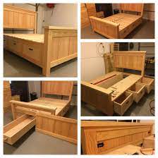 i just finished this build it is a queen farmhouse storage bed with a hidden storage drawer diy platform bed diy bed frame bed frame with storage