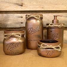 This diy mason jar storage system is all you need to keep your bathroom organized, and it is perfect for adding a little farmhouse style, too. Amazon Com Hammered Copper Mason Jar Bathroom Set With Soap Dispenser Rustic 4 Piece Mason Jar Bath Accessories Set Industrial Farmhouse Decor Handmade
