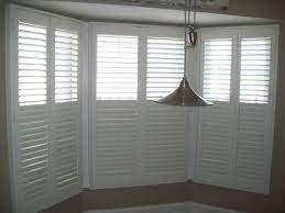 Shutters On A Bay Window Outside Mount L Frame With 2 1 2 Louvers Split Tilt So Top Can Open Inde Blinds For Windows Living Rooms Blinds Blinds For Windows