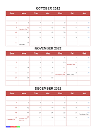 Free October November December 2022 Calendar With Holidays Four Quarters In 2020 January February March April May Calendar Printables