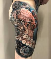 An octopus sleeve tattoo is a beautiful choice if you want a tattoo with a lot of detail. Realistic Octopus Hip Thigh Tattoo