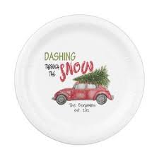 Dashing Through The Snow Christmas Vintage Car Paper Plate Christmas Paper Plates Christmas Tableware Custom Holiday Card