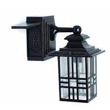 Hampton Bay Mission Style Black With Bronze Highlight Outdoor Wall Lantern With Built In Electrical Outlet Gfci 30264 The Home Depot Wall Lantern Outdoor Light Fixtures Outdoor Wall Lantern
