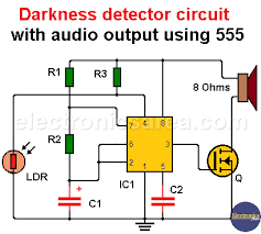A tutorial on how to make a light sensor circuit plus darkness detector circuit using 555 timer ic and a few other electronics components. Darkness Detector Circuit With Audio Output Using 555 Electronics Area