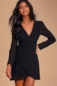 Evangeline Black Long Sleeve Wrap Dress In 2020 Black Long Sleeve Dress Wrap Dress Dresses