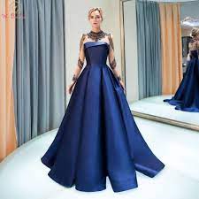 اعثر على المزيد فساتين السهرة من المعلومات عن المشي بجانبك البحرية الأزرق فس blue evening dresses high neck long sleeve prom dress long sleeve designer dresses