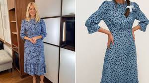 Today she was in birmingham for this morning live, and wore a polkadot playsuit from temperley. Holly Willoughby S This Morning Outfit Today How To Get Her Blue Midi Dress From Nobody S Child Blue Midi Dress Dresses Todays Outfit