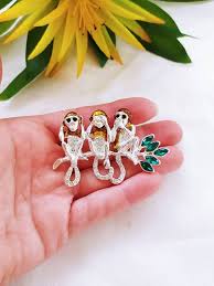 Vintage Three 3 Little Monkies Sitting in a Tree Hear See Speak No Evil  Long Tails Branch Brooch Pin Rhinestone Silver Enamel Monkey