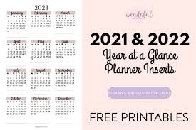 All of these calendars are designed to print on standard sheets of 8 1/2 x 11 paper. 2021 2022 Year At A Glance Planner Inserts Wendaful Planning