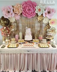 Simple Birthday Cake Table Decoration Ideas Blush Gold Dessert Table Paper Flower Backdrop Cakes Name Sign Linen Cupcakes French Macarons Girl Shower Shower Party Gold Dessert Table