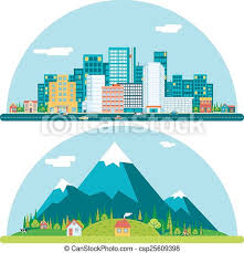 Find out where you live! Spring Urban And Countryside Landscape City Village Real Estate Summer Day Background Flat Design Concept Icon Template Canstock
