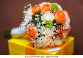 Fall yellow brown orange flowers. Wedding Bouquet Of Bride Colorful Flowers Orange And White Roses Lying On Yellow Box Canstock