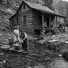 In the hills of Appalachia, Kentucky, 1906, survival meant calloused hands  and cold creek water. This photograph captures a quiet, enduring moment: a  coal miner's wife, knee-deep in a mountain stream, scrubbing
