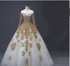 2016 Luxury Gold Lace White Long Sleeve Wedding Gown Bridal Dress Custom Size Vintage Ball Gowns Wedding Dresses 2017 Lace Wedding Dresses Lace Ballgown