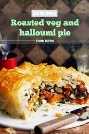 Roasted Veg And Halloumi Pie Recipe Vegetarian Pie Recipes Vegetarian Cooking Veg Recipes