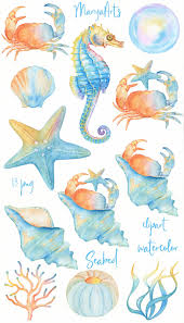 Watercolor Sea Clipart Nautical Clip Art Seabed Starfish Seashells Sea Horse Coral Reef Shell Crab Pearl Seaweed Aquarell Ideen Tiere Malen Aquarell