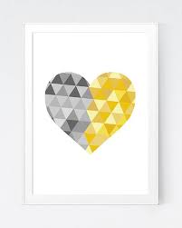 Heart Love Art Yellow And Gray Geometric Heart Print Etsy Heart Wall Art Geometric Heart Geometric Art