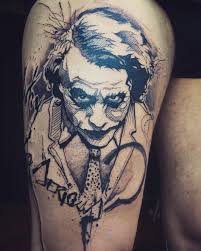 This tattoo is in dark colors. Thejoker Joker Heathledger Batman Sketchtattoo Blacktattoo Loiseautattoo Joker Tattoo Tattoo Quotes Tattoo Sketches