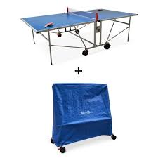 table de ping pong outdoor bleue avec sa housse table pliable avec 2 raquettes et 3 balles pour utilisation exterieure