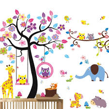 Stickers Muraux Sticker Mural Grand Arbre Colore Plantes De La Jungle Hiboux Sur La Branche D Arbre Fleurs Murale Stickers Muraux Decor Diy Decoration Stickers