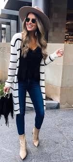 Black And White Striped Cardigan Black Shirt Blue Jeans White And Black Striped Cardigan And Brown Hat Fashion Cute Outfits Spring Outfits