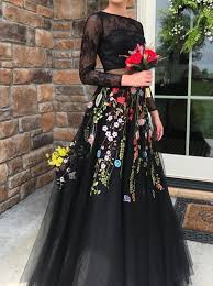 Exposed back zip with ring pull. Black Prom Dress With Embroidered Flowers Cheap Online