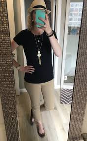 Black Tee Shirt Khaki Capris Leopard Flats Tan And Black Fedora Gold Jewelry Spring Summe Jeans Outfit Women Womens Casual Outfits Khaki Pants Outfit Women