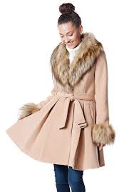 Long coat in rich camel cashmere and wool blend with nipped waist. Camel Faux Fox Fur Collar Faux Wool Fashion Flair Knee Length Coat