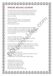 Thriller is a mix of disco and funk. Thriller Michael Jackson Esl Worksheet By Hyam