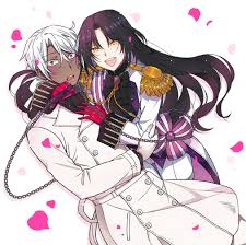 heart (pixiv 24659681), dominique de sade, noe archiviste, vanitas no carte,  bad id, bad pixiv id, 1boy, 1girl, bow, bowtie, chain, collar, dark-skinned  male, dark skin, epaulettes, gloves, long hair, long sleeves,