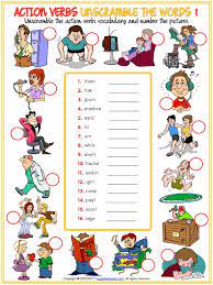 Here is a list of my free printable preschool worksheets and activities by skills they promote. Action Verbs Vocabulary Esl Unscramble The Words Worksheets For Kids Pdf Lexical Semantics