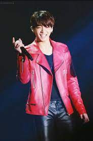 Pin By Theta Omega On Bts Jungkook Leather Jacket Red Leather Jacket Jungkook Hot