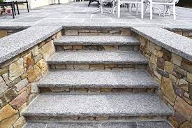 These Back Steps To A Patio Have Caledonia Granite Steps And Treads Thermal Top And Rock Face Edge Patio Patio Steps Backyard Retaining Walls Patio Design
