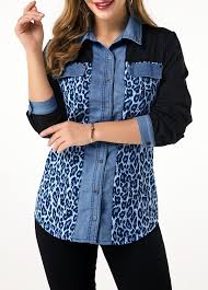 Button Up Leopard Print Denim Panel Shirt Linkshe Com Usd 30 46 In 2020 With Images Printed Denim Print Buttons Denim