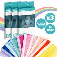 Medizer Color Serisi Renkli Full Ultrasonik Cerrahi Agiz Maskesi 3 Katli 10 Lu 3 Kutu Burun Telli Renkler Maskeler Hemsireler