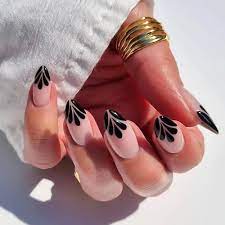 Amazon.com: 24Pcs Almond Press on Nails Medium Fake Nails with Black Petals  Designs False Nails Nude Pink Full Cover Artificial Glossy Acrylic Nails  Summer Glue on Nails for Women and Hot Girls :