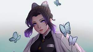 I did rush this pic because i'm about to i started with the purple colour first. Demon Slayer Shinobu Kochou With Purple Eyes And Flying Butterflies With Background Of Light Gray 4k Hd Anime Wallpapers Hd Wallpapers Id 40602