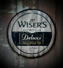 J P Wiser S Deluxe Canadian Whiskey Hand Painted Bourbon In 2020 Whiskey Barrel Barrel Signs Metal Barrel