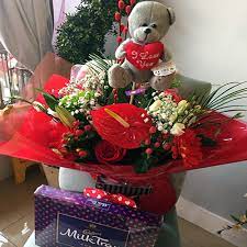 Check spelling or type a new query. Mixed Bouquet Of Flowers Box Of Delicious Chocolates Along With A Plush Teddy Bear