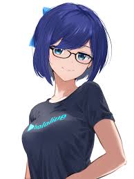 cohi27151463, a-chan (1st costume) (hololive), a-chan (hololive), hololive,  absurdres, commentary, highres, 1girl, alternate breast size, black-framed  eyewear, black shirt, blue bow, blue eyes, blue hair, bow, breasts, closed  mouth, clothes writing ...