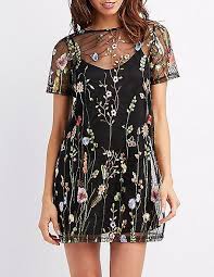 Black mesh dress with embroidered flowers. Charlotte Russe Embroidered Mesh Shift Dress Embroidered Mesh Dress Fashion Shift Dress
