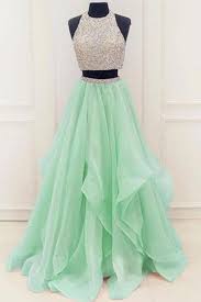 Green Two Pieces Tulle Round Neck Long Prom Dresses Green Evening Dress Cute Prom Dresses Evening Dresses Prom Prom Dresses Modest