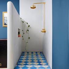 Bathroom By Eleanor Horwell Design Sourse Glazed Blue Churriana Tiles Bert May Shower Head And Brassw Shower Cabin Natural Home Decor Bert And May Tiles