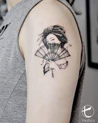 geisha skull fineline tattoo tattoos grey tattoo geometric tattoo